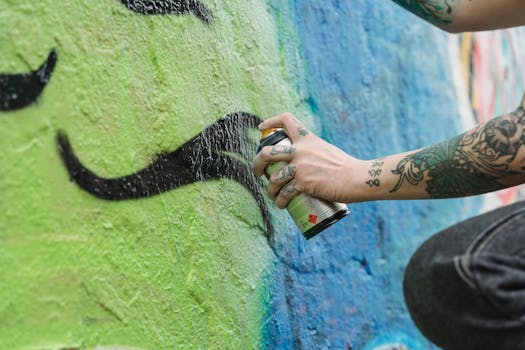 Artiste en train de peindre un mur avec une bombe de peinture, décor coloré et motifs urbains en arrière-plan.